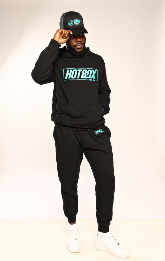 Black Unisex Sweat Set with Big Aquamarine Logo Plus HotBox Baseball Cap